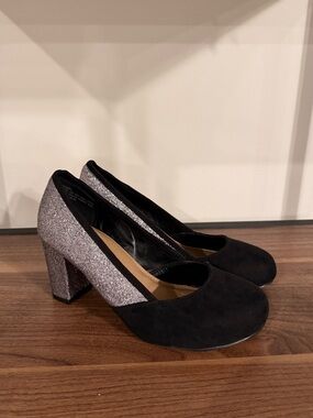 torrid Black and Silver Glitter Block Heels 7W